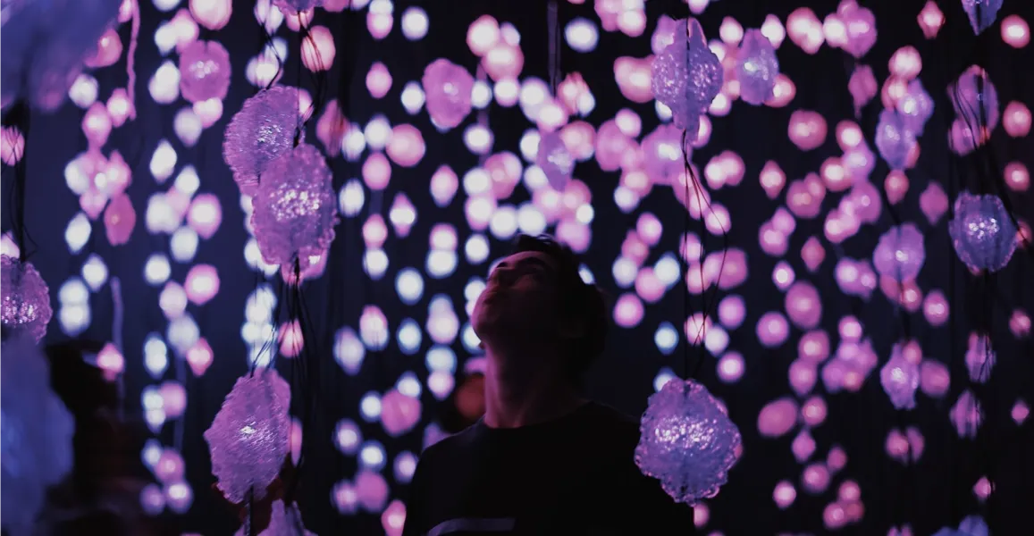 Man surrounded by lights in all directions