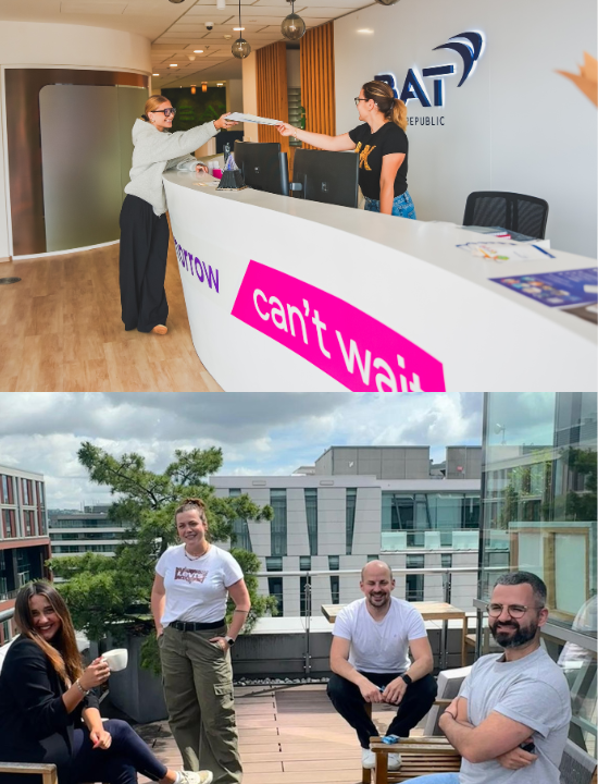 The front desk of BAT Czech Republic's office with the BAT logo and the Tomorrow Can't Wait strapline & a group of employees on the terrace