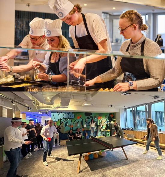 An image of chefs working in the kitchen and a social event with employees playing ping pong.