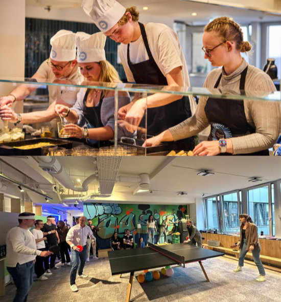 An image of chefs working in the kitchen and a social event with employees playing ping pong.