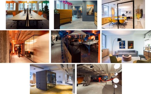 8 images of BAT Germany's office in Hamburg including workstations, virtual meeting pods as well as collaboration, project and focus zones.
