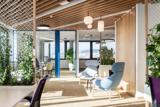 Interior of BAT's office in Budapest with collaborative spaces and desks