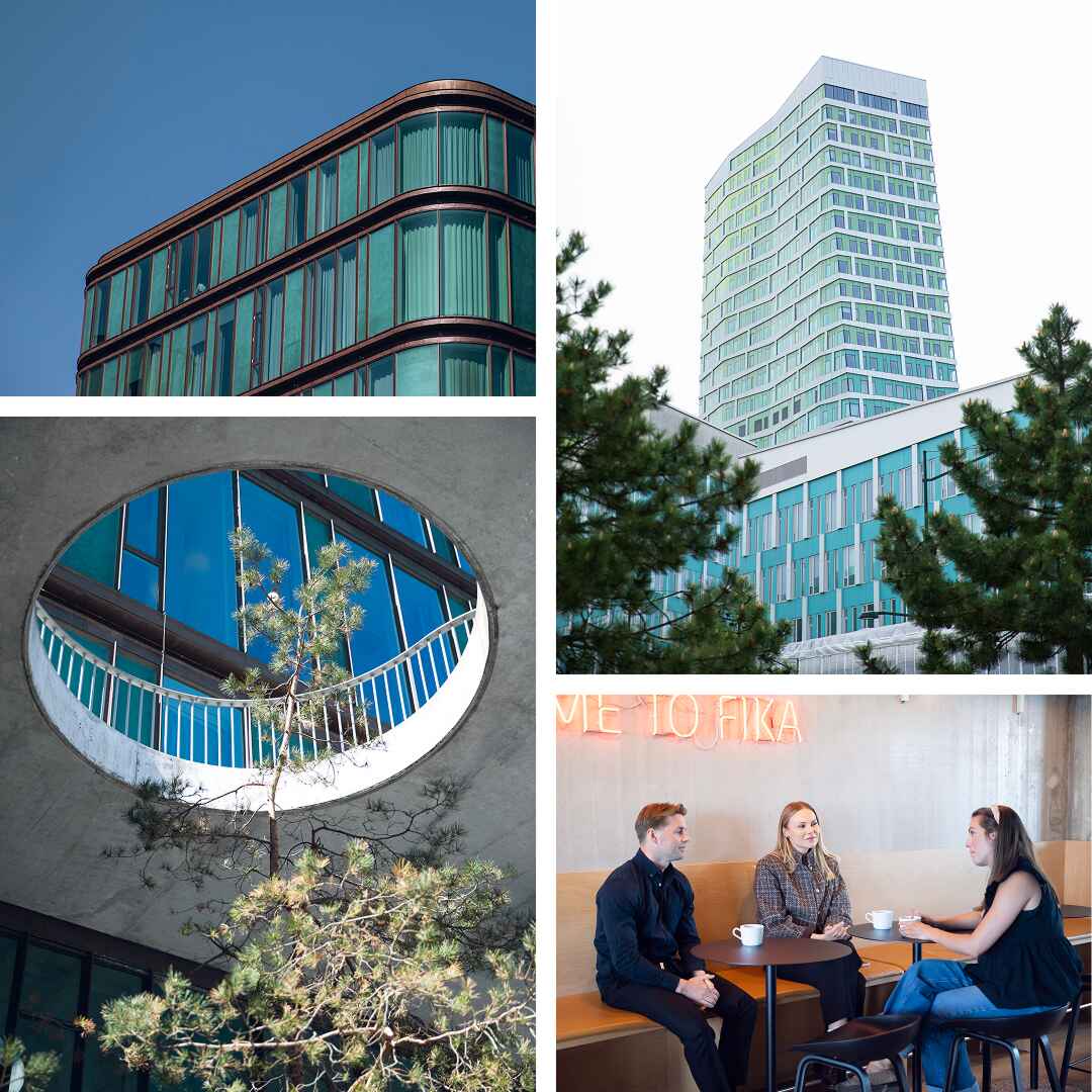 Modern buildings and people chatting in office