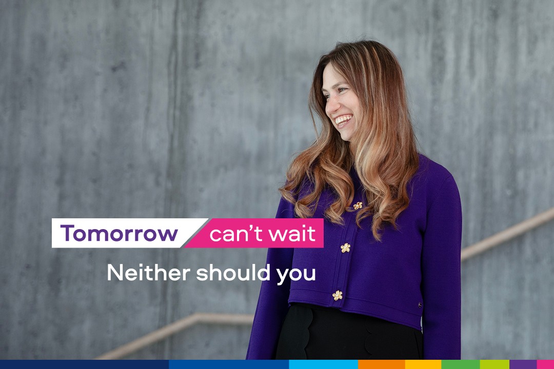 Woman in purple by “Tomorrow can’t wait”