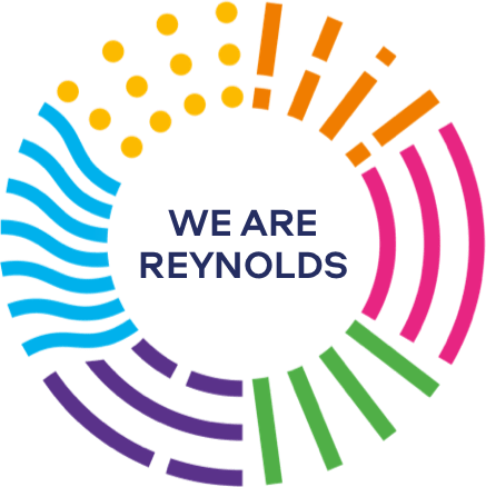 Buntes kreisförmiges Design mit dem Text 'WE ARE REYNOLDS' in der Mitte.