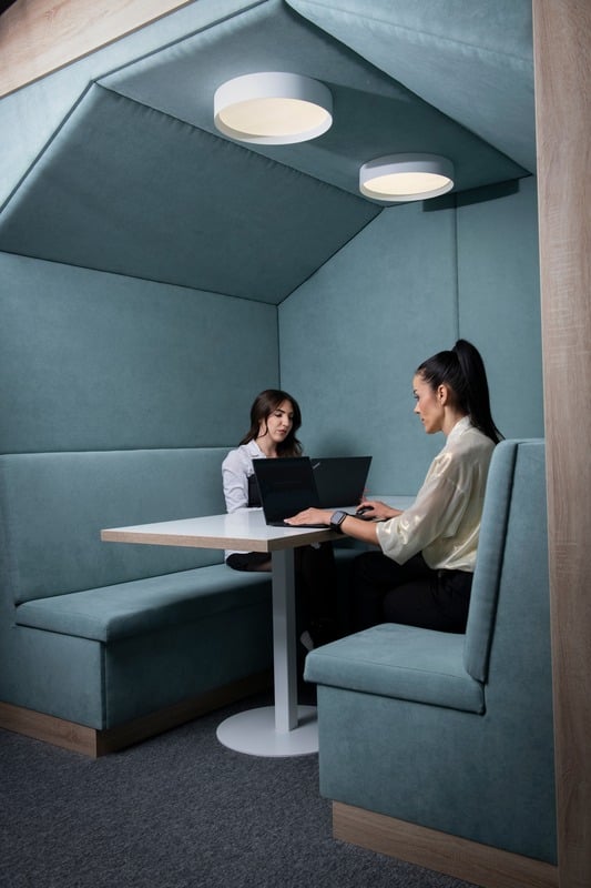 Two colleagues working on laptops in a private office booth