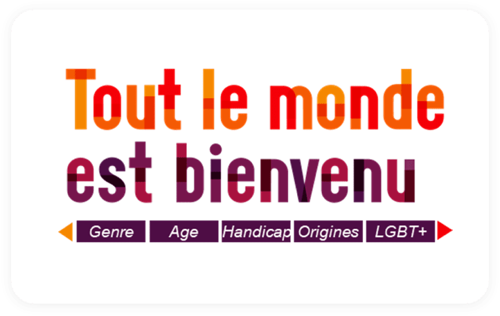 Un visuel coloré résume la diversité avec les étiquettes « genre », « âge », « handicap », « origines » et « LGBT+ ».