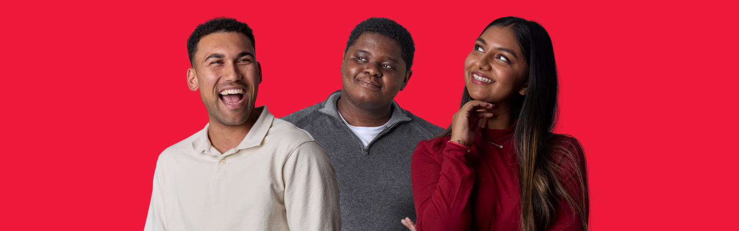 Red background with 3 people against it, smiling