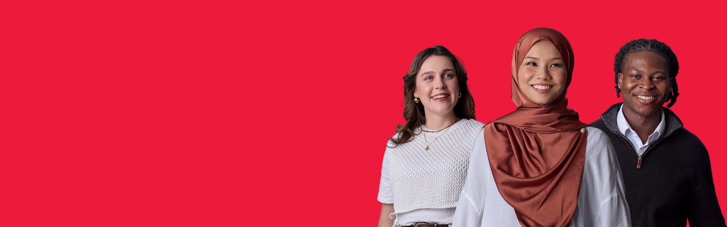 Red background with 3 people on top, smiling and laughing on camera