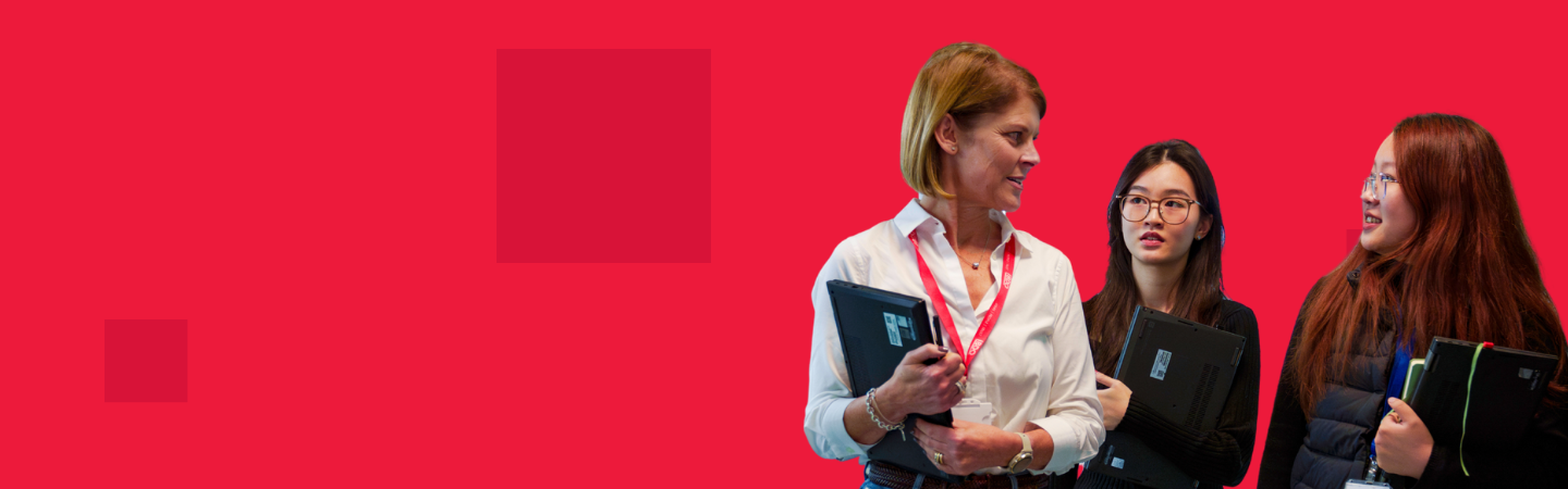 Red background with dark red square pixels on top with 3 woman talking to each other holding their laptops