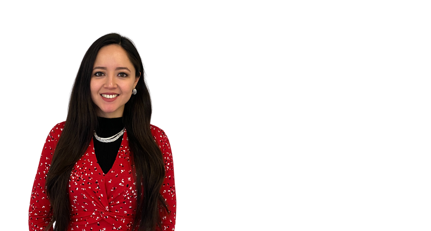 Woman in red dress looking straight at the camera smiling