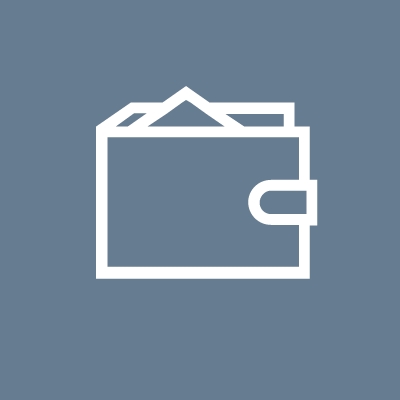 White wallet icon on a blue-gray background