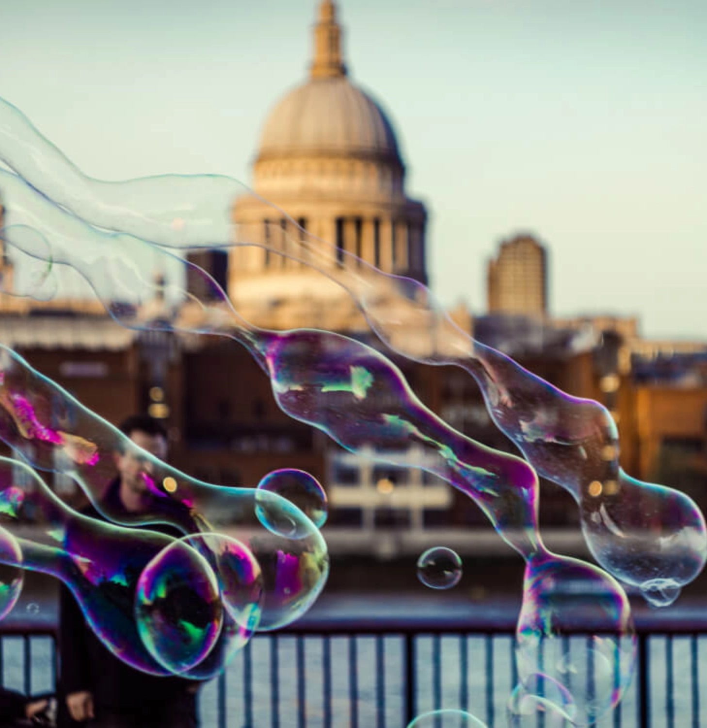 Bubbles before a city skyline