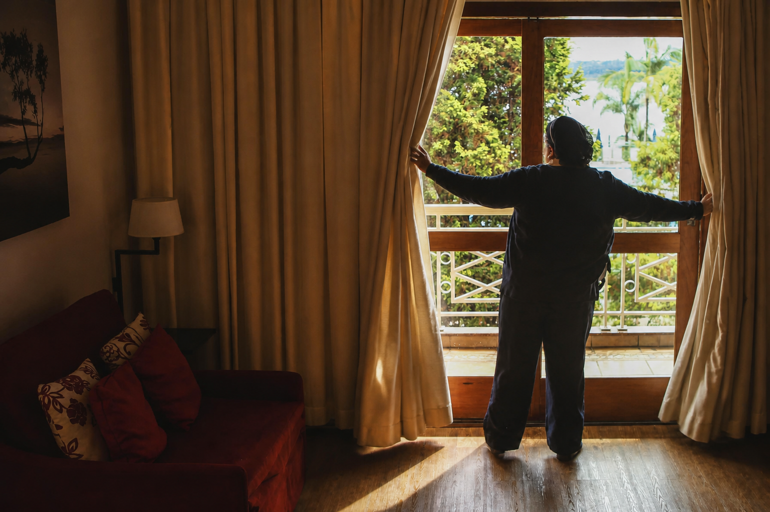 A housekeeper opening the blinds in a room