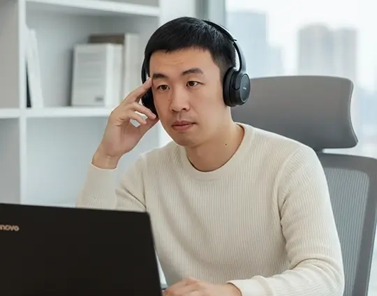 一位戴着耳机的人正在办公桌前使用笔记本电脑。