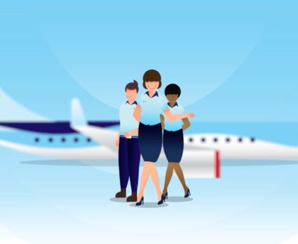 three cartoon cabin crew waving welcome