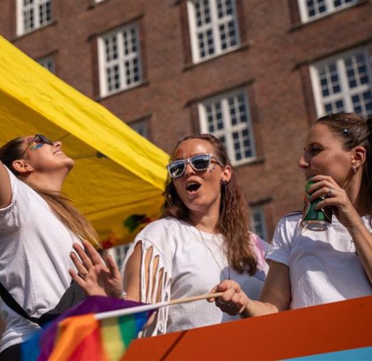 A group of TUI Denmark colleagues stand cheering on a Pride float