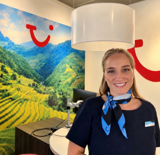 UI colleague wearing a navy uniform and blue scarf in a TUI store.