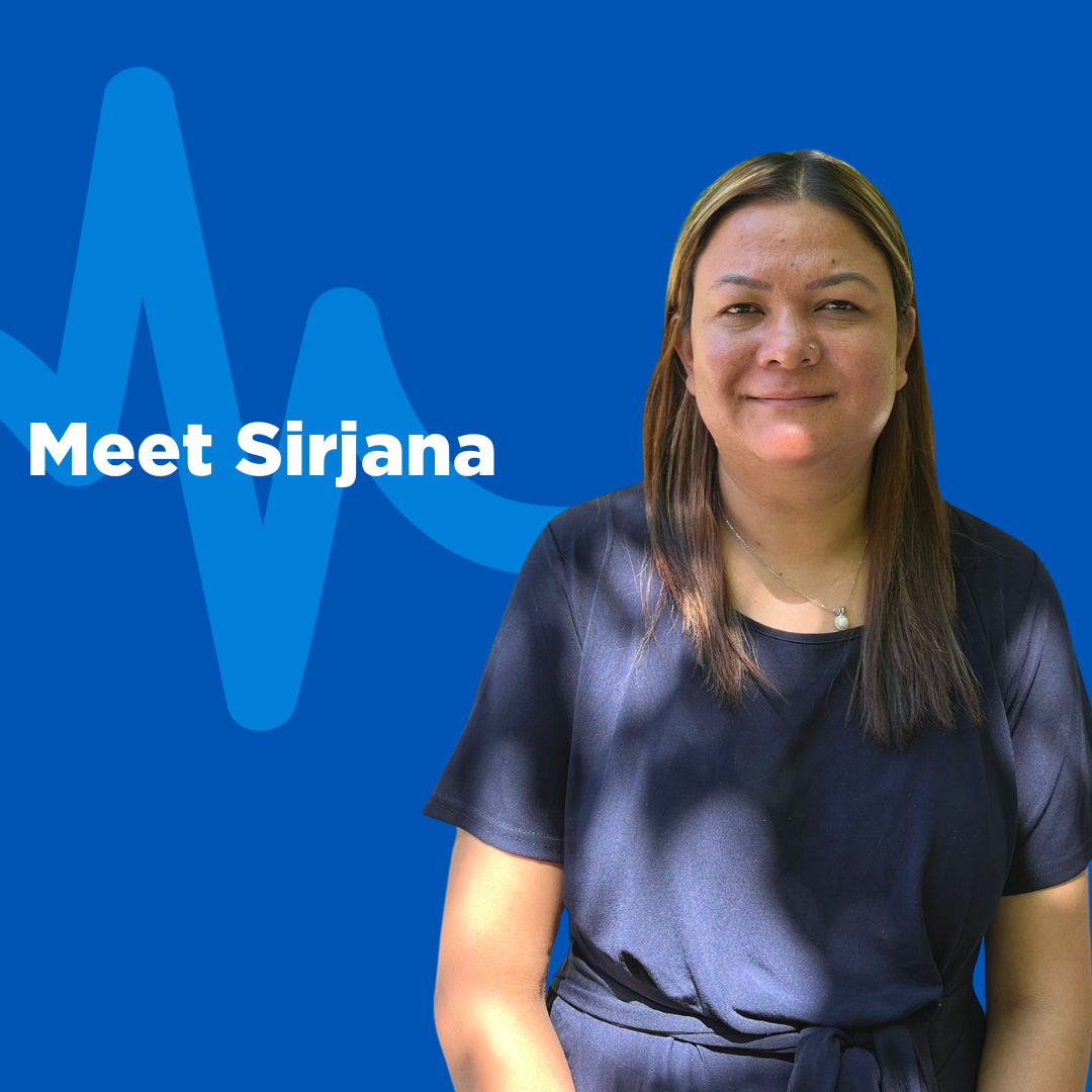 Portrait on blue background with heartbeat graphic