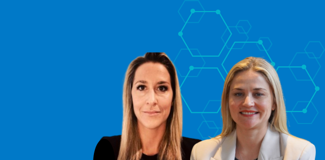 Women smiling in a blue background