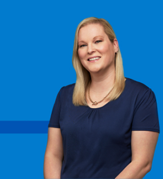 Person portrait on blue with heartbeat graphic