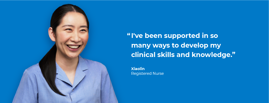 Smiling nurse shares experience on blue background