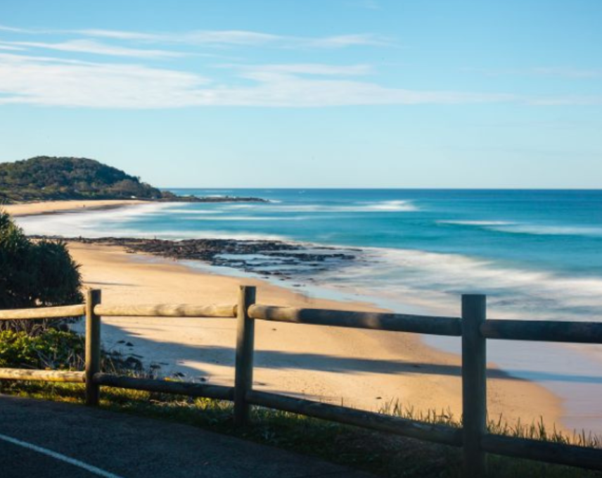 Coastal beach view with ocean waves and boardwalk