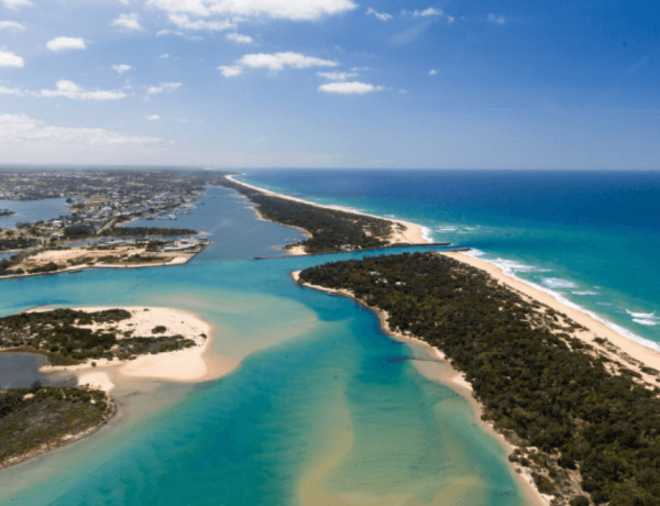 Aerial view of coastline with islands and ocean