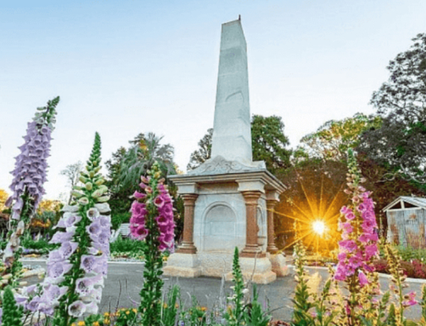 Obelisk monument with flowers at sunset