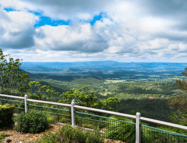 Valley view from lookout with clouds and hills