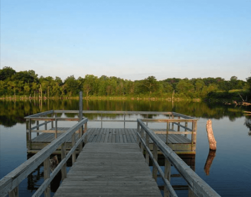 Wooden dock extending into a calm forest lake