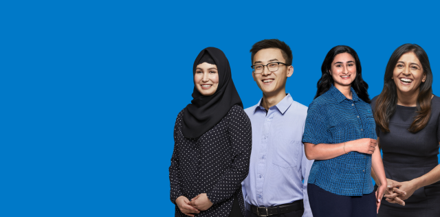 Four people on blue studio background