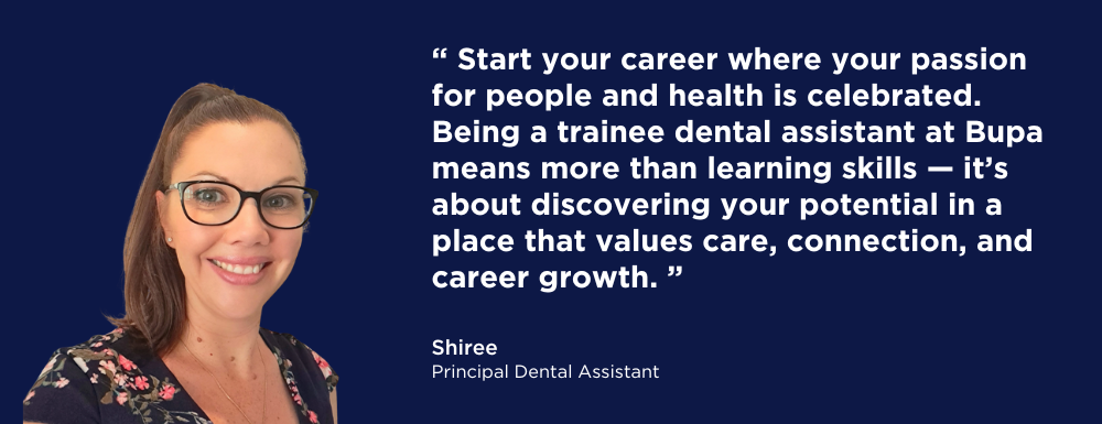 Portrait with dental assistant testimonial text