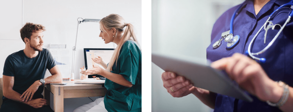 Healthcare consult and tablet closeup