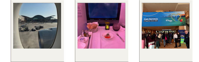 Plane window, meal tray, and event crowd
