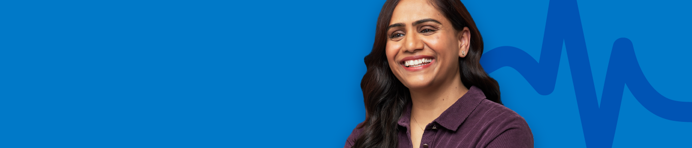 Professional portrait on blue branded background