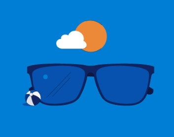 Illustration of sunglasses, beach ball and sunny sky