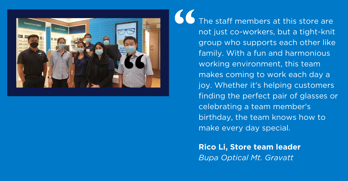 Masked team in optical store with quote text