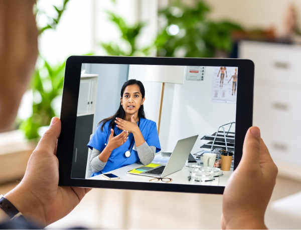 Tablet showing virtual healthcare consultation session.