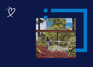 People walking through a landscaped campus garden