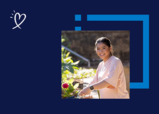 Person gardening outdoors on blue background