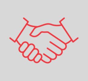 Red line icon showing 2 people shaking hands.