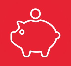 Piggy bank icon with coin on red background.