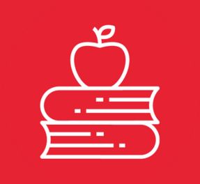 White apple on books icon over a solid red background