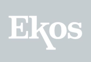 White Ekos logo on a light grey background.