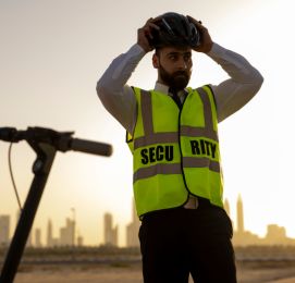Man in safety vest putting on helmet at sunset.