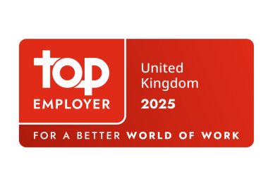 Top Employer UK 2025 badge in red and white