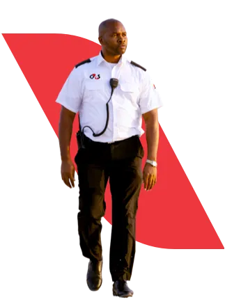 A security officer in a white uniform with a black necktie and earpiece walks confidently against a black background with a red design.