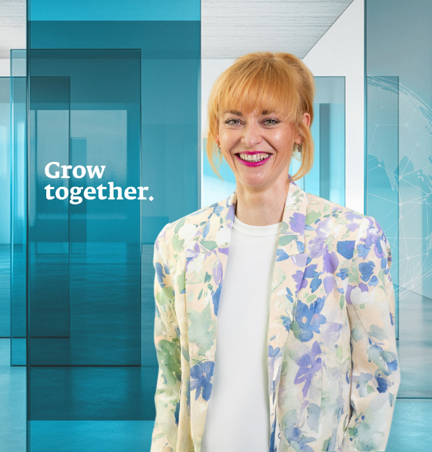 Person in flower jacket, text says Grow together.