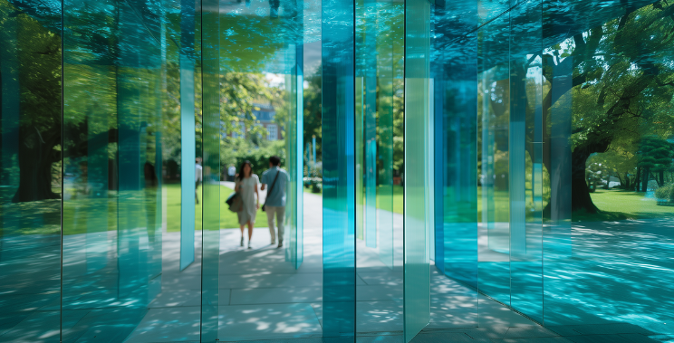 Two people walk past glass in green park.